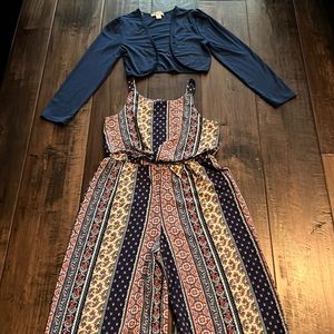 Beautiful navy, pink, cream and red jumpsuit with knit sweater.